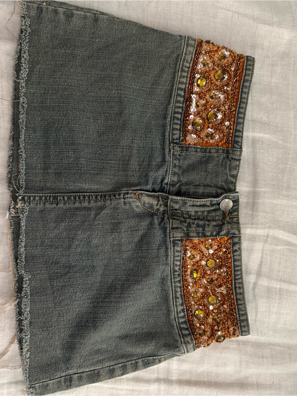 Vintage Express Denim Skirt with Beaded Trim